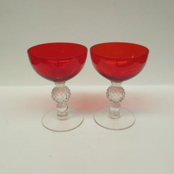 2 - Morgantown Glass Spanish Red Golf Ball Crystal Stem 4 7/8 Sherbet Champagnes - Picture 1 of 4